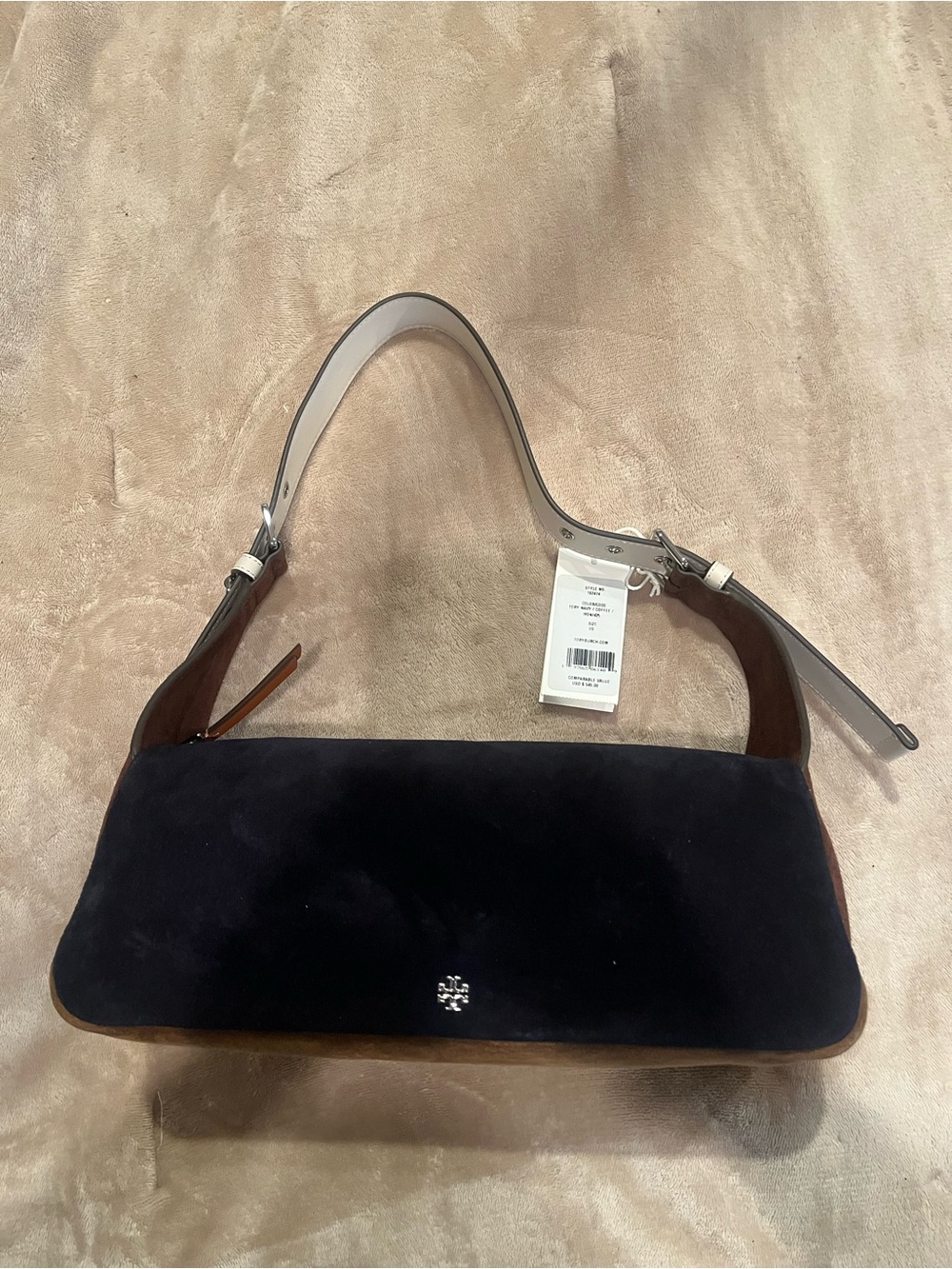 Tory Burch Navy and Brown Suede Shoulder Bag with Silver Logo